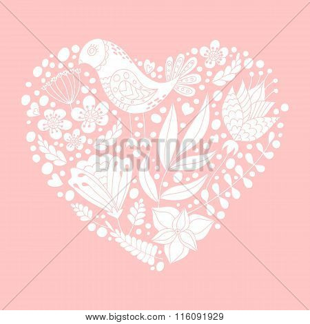 Doodle Bird And Floral Elements In Heart Shape. White Silhouette On Pink Background.