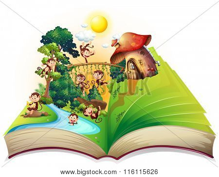 Book of monkeys living by the river illustration