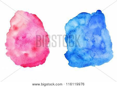 Pink and blue abstract watercolor stains on white isolated background