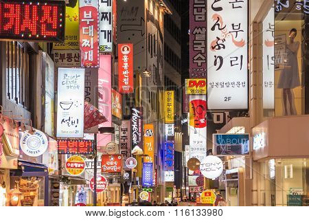 Myeong-dong Neon Lights In Seoul