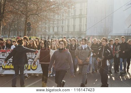 Students Protesting In The City Streets In Milan, Italy