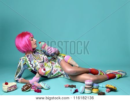 Beautiful Funny Fashion Cheerful Woman In Hot Pink Party Wig Eating Fake Ice Cream