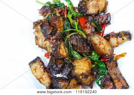 Thai Food Fried Basil With Crispy Pork / Pad Kra Prao Moo Krob.