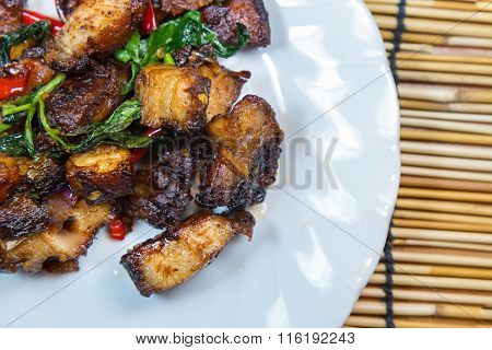 Thai Food Fried Basil With Crispy Pork / Pad Kra Prao Moo Krob.