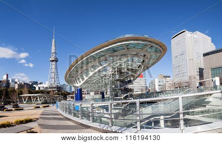 NAGOYA, JAPAN - January 30, 2016 : Oasis 21 in Nagoya, Japan on January 30, 2016.,Oasis 21 in Nagoya Japan city skyline with Nagoya Tower.