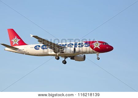 ZURICH - JULY 18: Edelweiss A-320 landing in Zurich airport on July 18, 2015 in Zurich, Switzerland. Zurich airport is home port for Swiss Air and several budget airlines.