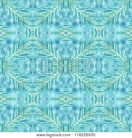 Seamless pattern. Floral winter background with pine branch. Frosted fir-tree. Pine branches covered with hoarfrost. Christmas evergreen spruce tree.