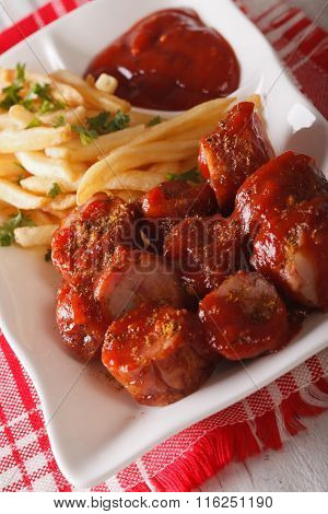 German Cuisine: Currywurst With French Fries Close-up. Vertical