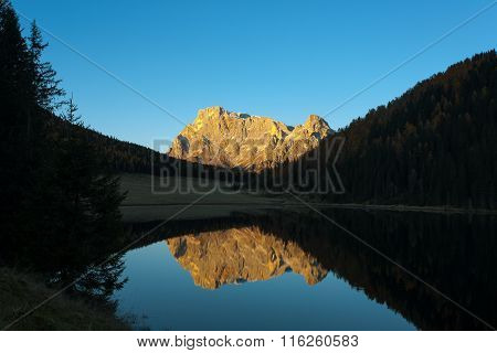 Reflections On Water, Autumn Panorama From Mountain Lake