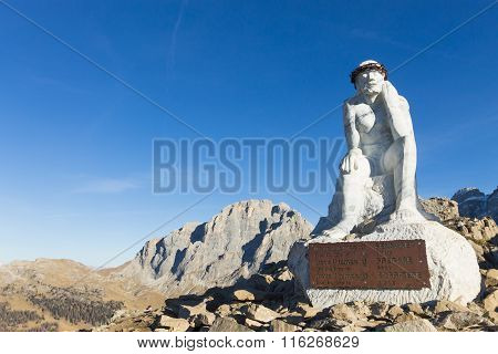 SAN MARTINO DI CASTROZZA,ITALY - DECEMBER 26, 2015: Monument at the end of the trekking 