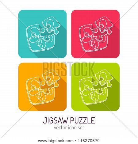 Vector Line Art Jigsaw Puzzle Icon Set In Four Color Variations With Long Shadows