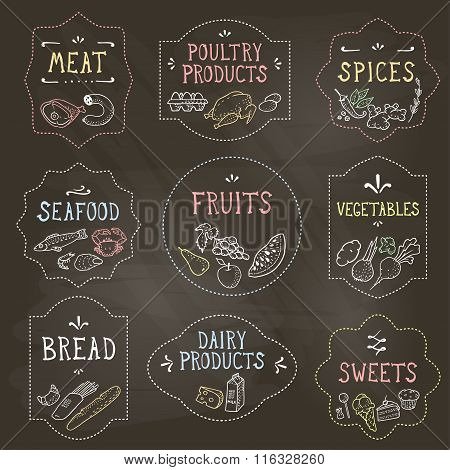 Food Badges Set, Hand Drawn By Chalk. Vector Illustration, Eps10.