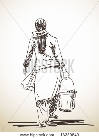 Sketch of woman carries a bucket, Hand drawn illustration