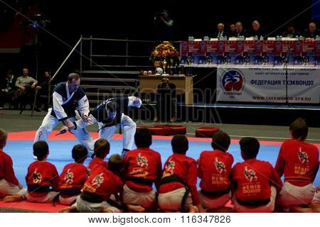 ST. PETERSBURG, RUSSIA - OCTOBER 17, 2015: Demonstration performance of St. Petersburg Hapkido Federation during the martial arts festival Baltic Sea Cup in Sibur Arena