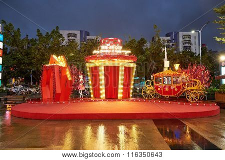 SHENZHEN, CHINA - JANUARY 22, 2016: Christams and New Year decoration in Longgang district at night. Longgang District is one of districts of Shenzhen, China. It is located in northeastern Shenzhen.