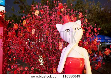 SHENZHEN, CHINA - JANUARY 22, 2016: Christams and New Year decoration in Longgang district at night. Longgang District is one of districts of Shenzhen, China. It is located in northeastern Shenzhen.
