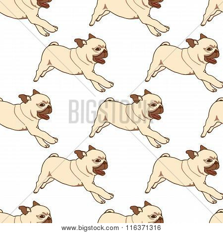 Seamless pattern with hand drawn pug puppies