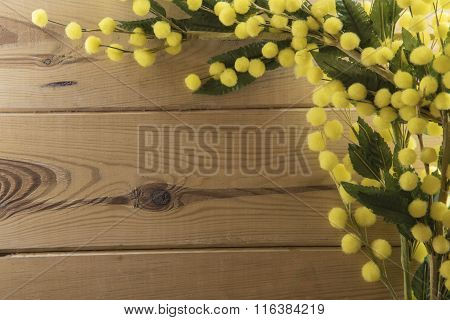 Wooden Background With Mimosa