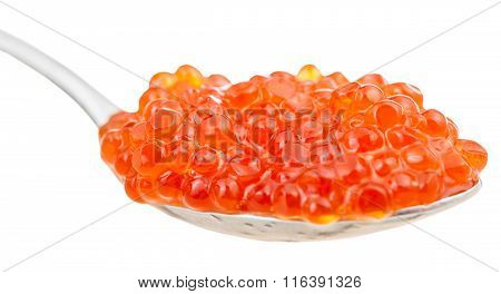 Side View Of Red Caviar Of Sockeye Salmon On Spoon