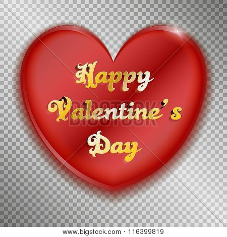 Abstract red shiny heart icon with golden text Happy Valentine's Day on looks like transparent backg