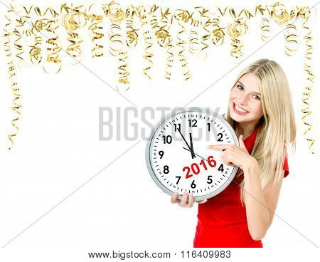 Partytime. Save the date. Five to twelve. Young beautiful woman with big clock and golden streamer. Space for your text