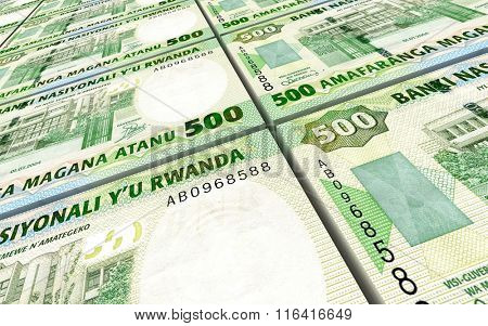Rwandan francs bills stacked background. Computer generated 3D photo rendering.