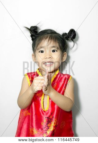 Girl Greeting Action With Red Chinese Suite Style