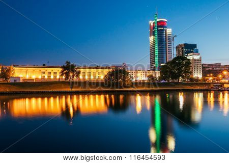 Sunset over central district Nemiga in Minsk, Belarus. Reflectio