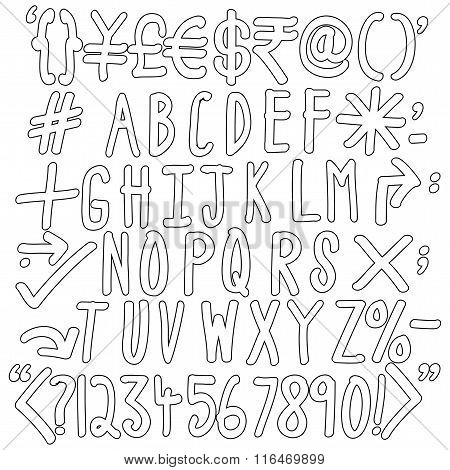 Outline Of Alphabets, Numbers And Special Characters - Hand Written Vector Icons Set.