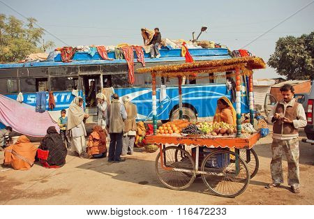 Many People Waiting For Departure On Bus Station Of Small Indian Town