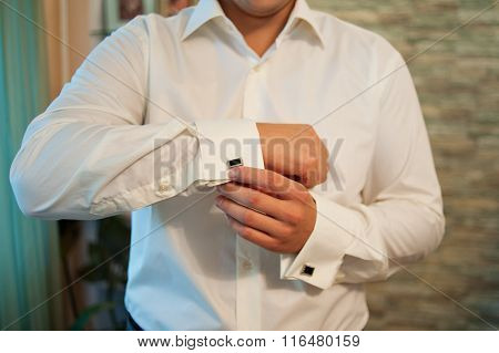 Man Wears Cufflinks On French Cuffs Sleeves Luxury White Shirt