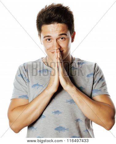 young attractive man isolated thinking emotional on white close up gesturing smiling