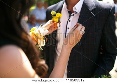 Gorgeous Stylish Elegant Bridesmaid Putting On Colorful Boutonniere On Best Man
