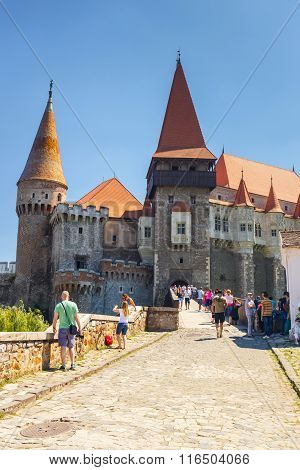 Hunedoara, Romania, 11 July, 2015: People Visiting Corvin Castle In Hunedoara, Romania
