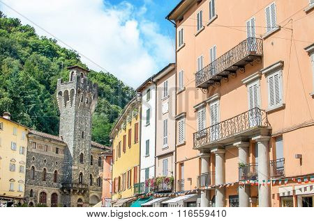 Porretta Terme, Bologna - Italy - colorful buildings and the Town Hall tower