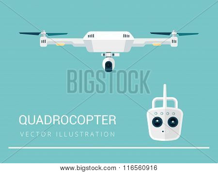 Remote aerial drone with a camera taking photography or video recording . Vector art on isolated bac