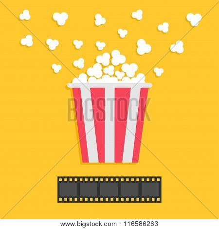 Popcorn Popping. Film Strip. Red Yellow Box. Cinema Movie Night Icon In Flat Design Style. Yellow Ba