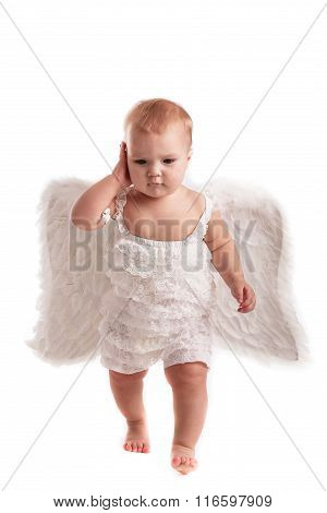 Business Baby Girl Talking With Phone In Hand, Playing, Socializing, Business, Angel, White Backgrou