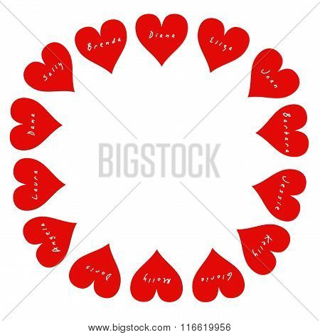 Round frame of 14 hearts with women's names on Valentine's Day.