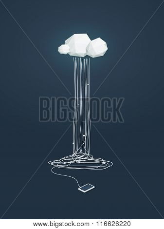 Cloud computing concept illustration with low poly clouds and smartphone connected. Data storage inf