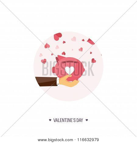 Vector illustration. Flat background with piggy bank. Love, hearts. Valentines day. Be my valentine.