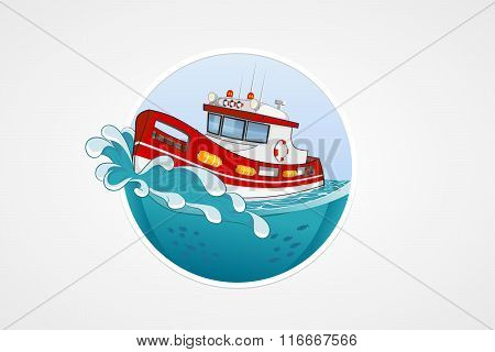 Moving Rescue Boat. Deep Sea With Wave. Round Vector Computer Icons For Applications Or Games. Logo