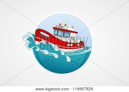 Moving Rescue Boat. Deep Sea With Wave. Round Vector Computer Icons For Applications Or Games. Logo
