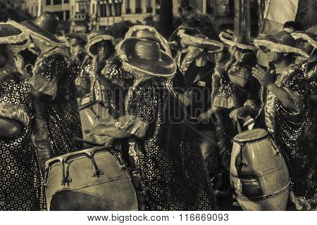 Group Of Candombe Drummers At Carnival Parade Of Uruguay