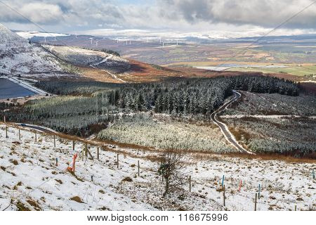 Light Snow Over Fields, Hills And Trees.  Vale Of Neath, South Wales, United Kingdom.
