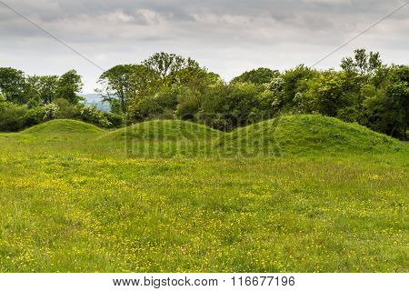 Three Ancient Tumuli, Barrows Or Burial Mounds.