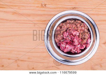 Fresh And Nutritious Minced Raw Meat Dog Food In Bowl