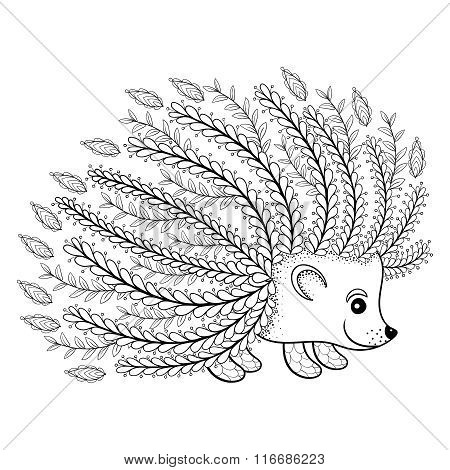 Hand drawn artistic Hedgehog for adult coloring page in doodle,
