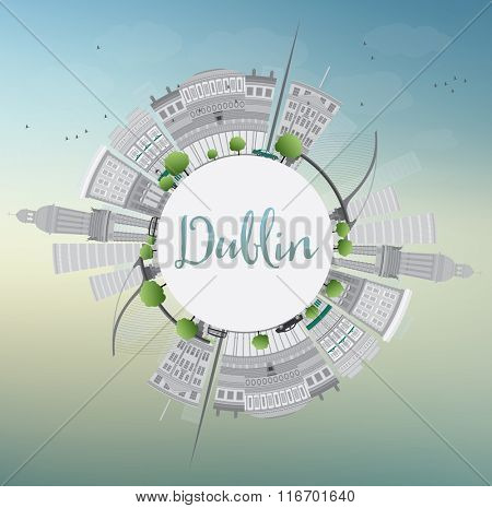 Dublin Skyline with Gray Buildings, Blue Sky and Copy Space, Ireland. Vector Illustration. Business Travel and Tourism Concept with Historic Buildings. Image for Presentation Banner Placard and Web.