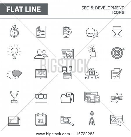 Set of modern simple line icons in flat design. Trendy infographic seo and development concept elements for banners, layouts, corporate  brochures, templates and web sites. Vector eps10 illustration